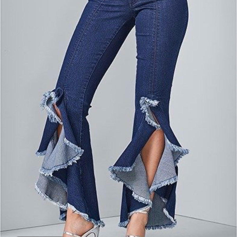 VENUS Dark Blue Ruffle Hem Flared Jeans